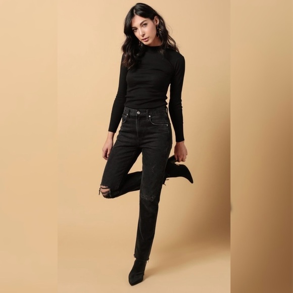 Agolde Cherie Jeans Pant High Rise Distressed Fray Casual Denim Street Black 25 - Picture 1 of 13